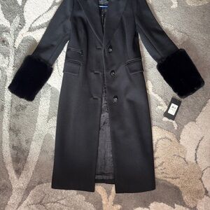 Karl Lagerfeld Black Trench Coat with Fur Cuffs